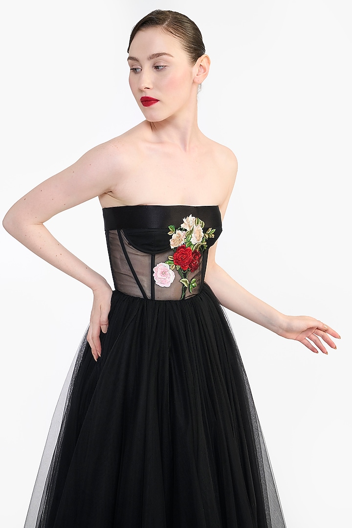 Black Tulle Floral Embroidered Corset Midi Party Wear Dress by Gauri And Nainika at Pernia's Pop Up Shop