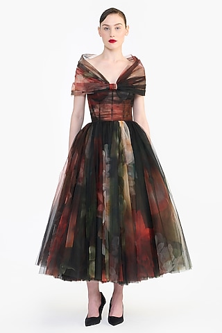 Multi-Colored Tulle Printed Corseted Midi Dress by Gauri And Nainika