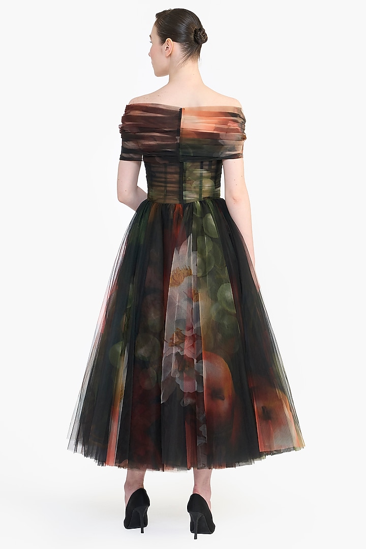 Multi-Colored Tulle Printed Corseted Midi Party Wear Dress by Gauri And Nainika at Pernia's Pop Up Shop