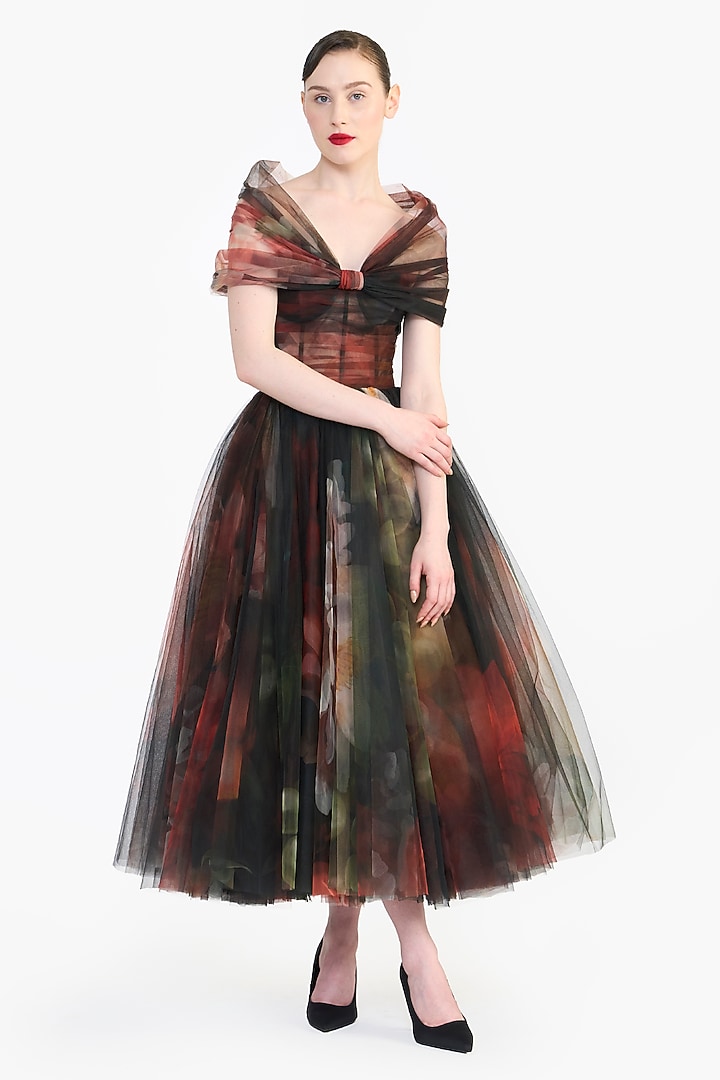 Multi-Colored Tulle Printed Corseted Midi Party Wear Dress by Gauri And Nainika at Pernia's Pop Up Shop