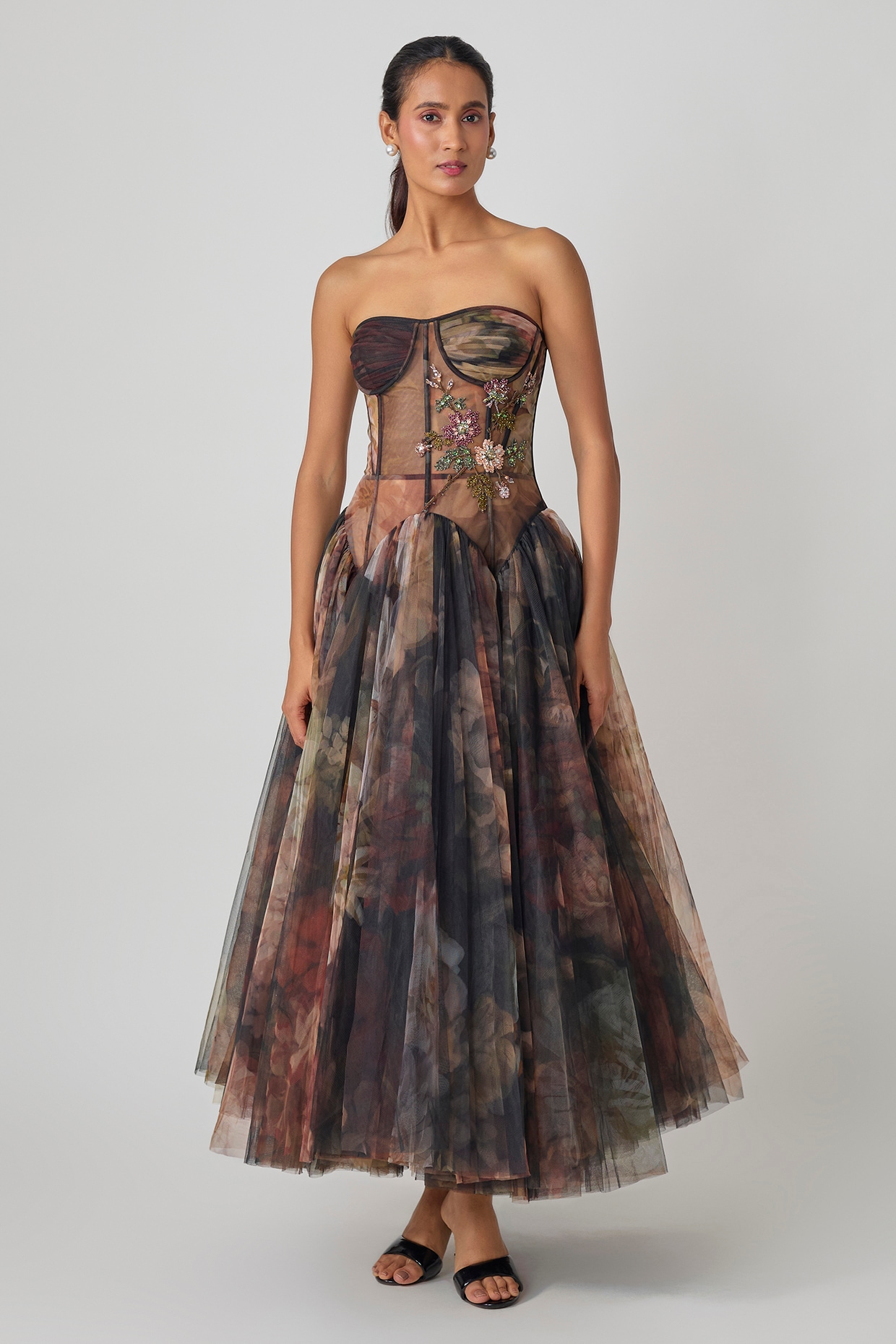 Gauri and Nainika Black Tulle Crystal Embroidered Corset Midi Dress