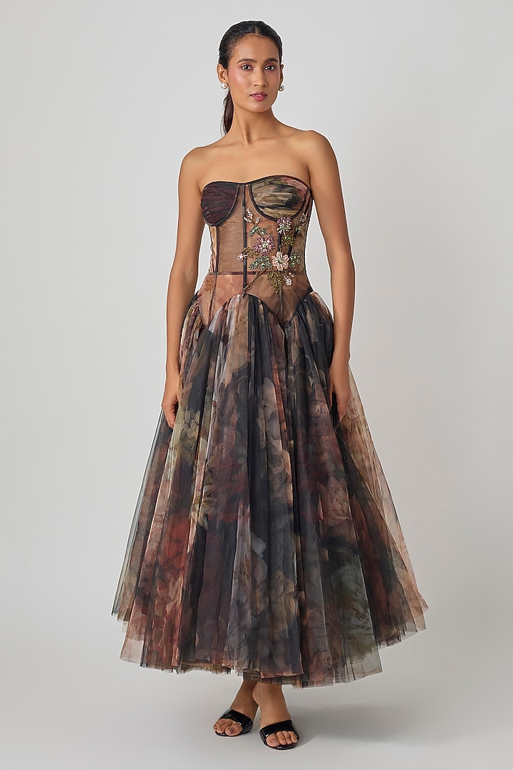 Black Tulle Crystal Embroidered Corset Midi Party Wear Dress by Gauri and Nainika at Pernia's Pop Up Shop