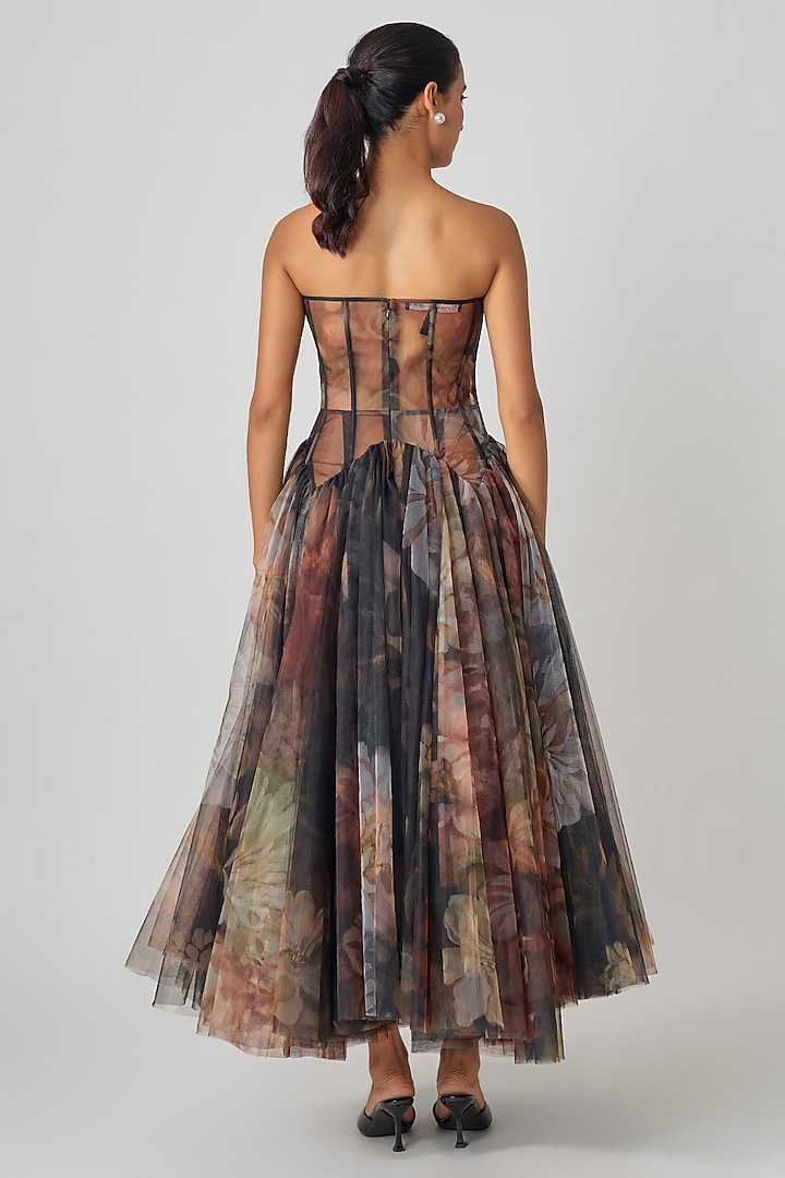 Black Tulle Crystal Embroidered Corset Midi Party Wear Dress by Gauri and Nainika at Pernia's Pop Up Shop