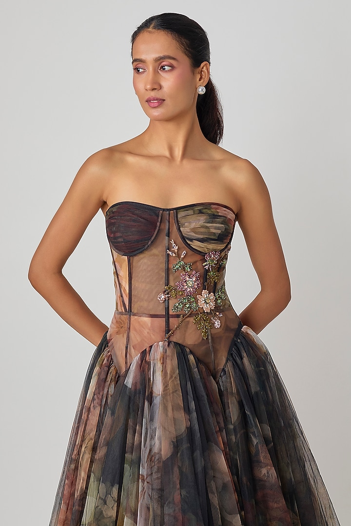 Black Tulle Crystal Embroidered Corset Midi Party Wear Dress by Gauri and Nainika at Pernia's Pop Up Shop