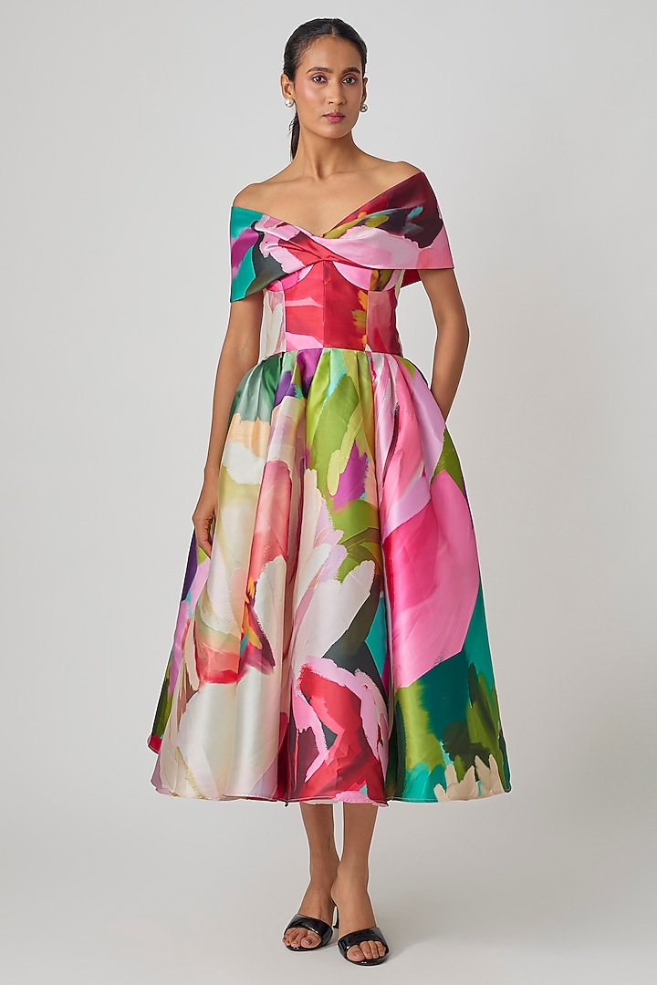 Multi-Colored Mikado Floral Printed Twisted Midi Party Wear Dress by Gauri and Nainika at Pernia's Pop Up Shop