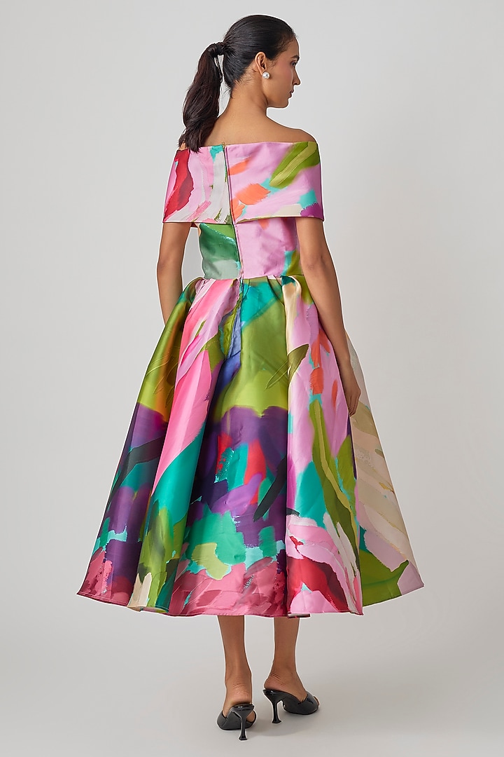 Multi-Colored Mikado Floral Printed Twisted Midi Party Wear Dress by Gauri and Nainika at Pernia's Pop Up Shop