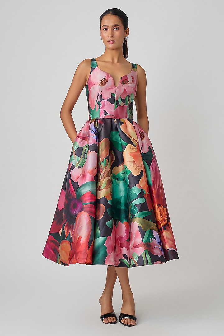 Multi-Colored Mikado Floral Printed Midi Party Wear Dress by Gauri and Nainika at Pernia's Pop Up Shop