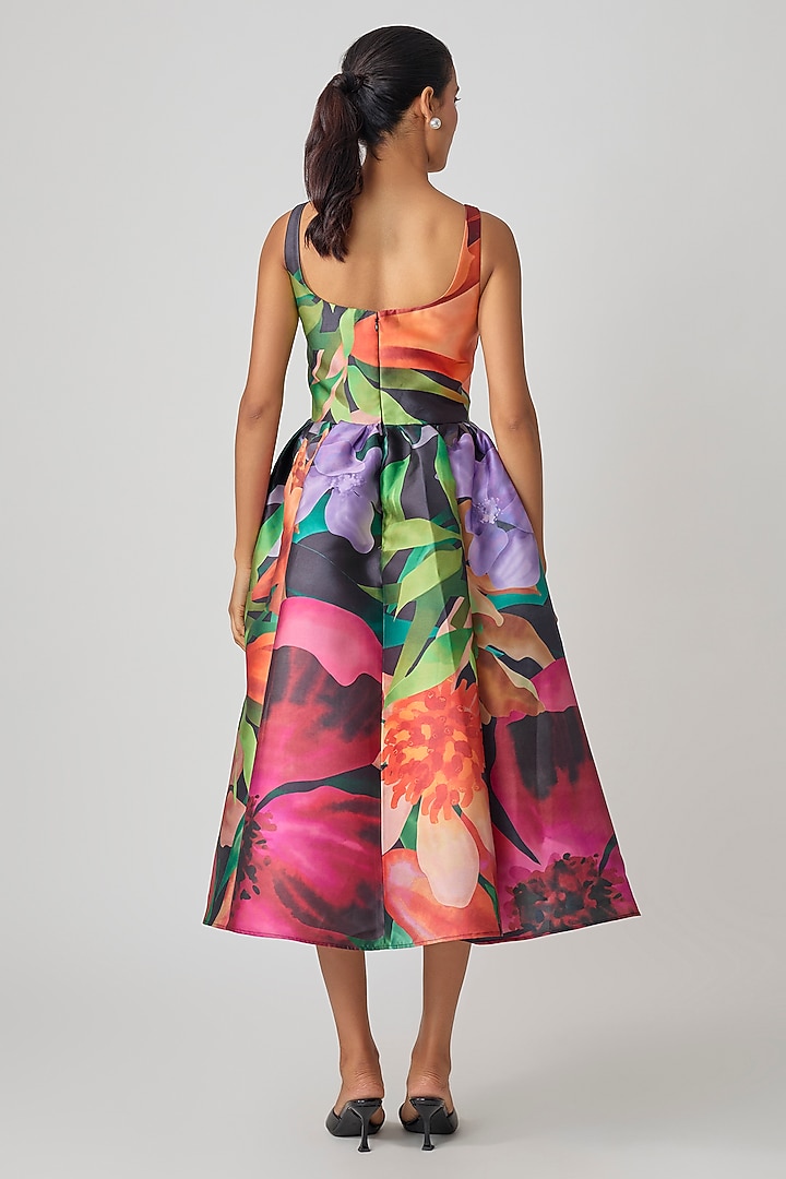 Multi-Colored Mikado Floral Printed Midi Party Wear Dress by Gauri and Nainika at Pernia's Pop Up Shop
