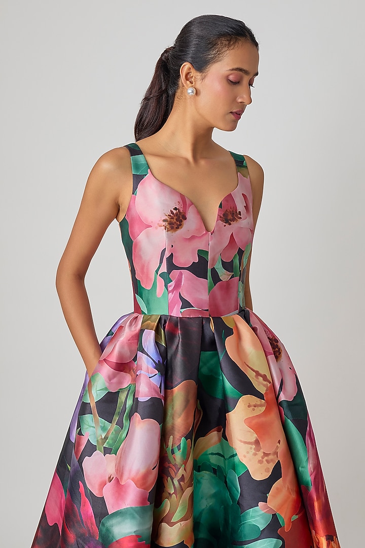 Multi-Colored Mikado Floral Printed Midi Party Wear Dress by Gauri and Nainika at Pernia's Pop Up Shop