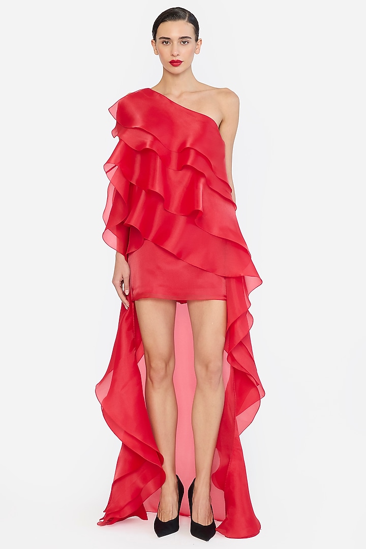 Red Organza One-Shoulder High-Low Ruffle Party Wear Dress by Gauri And Nainika at Pernia's Pop Up Shop