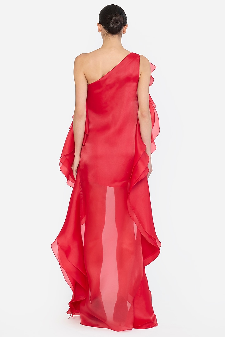 Red Organza One-Shoulder High-Low Ruffle Party Wear Dress by Gauri And Nainika at Pernia's Pop Up Shop