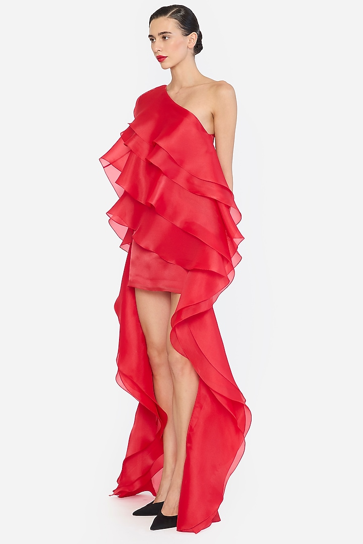 Red Organza One-Shoulder High-Low Ruffle Party Wear Dress by Gauri And Nainika at Pernia's Pop Up Shop