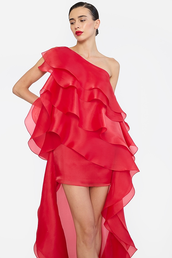 Red Organza One-Shoulder High-Low Ruffle Party Wear Dress by Gauri And Nainika at Pernia's Pop Up Shop