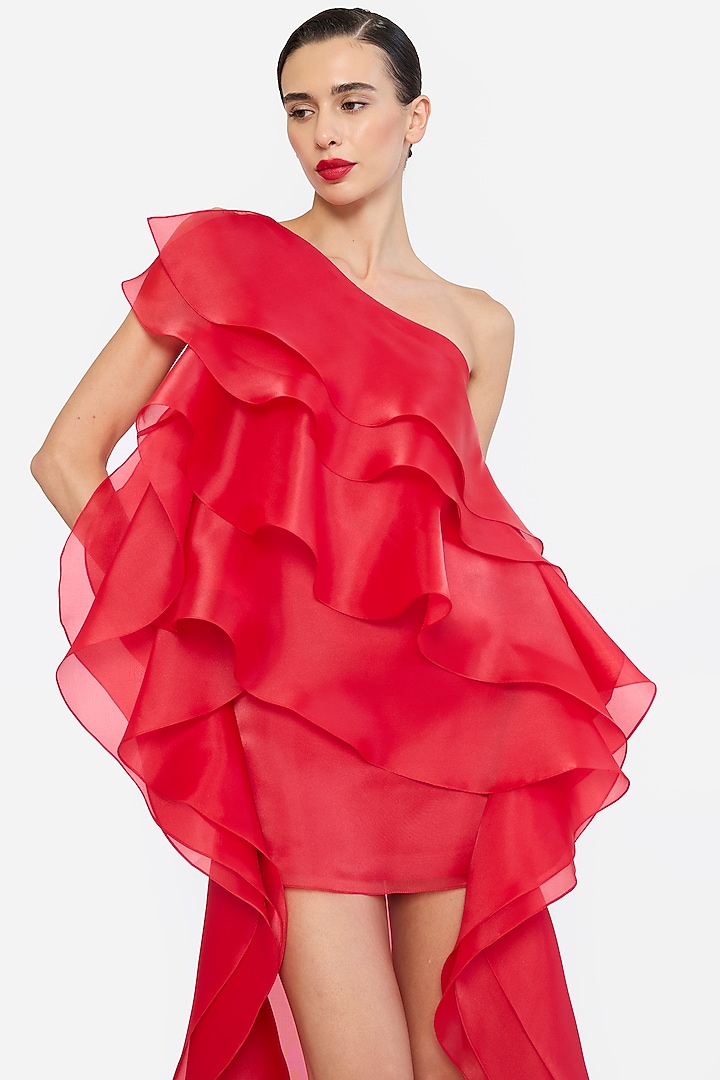 Red Organza One-Shoulder High-Low Ruffle Party Wear Dress by Gauri And Nainika at Pernia's Pop Up Shop