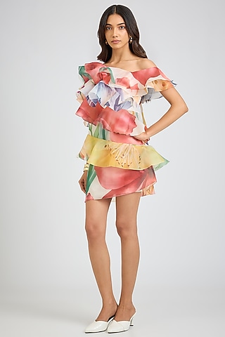 Multi-Colored Organza Floral Printed One-Shoulder Shift Dress by Gauri And Nainika