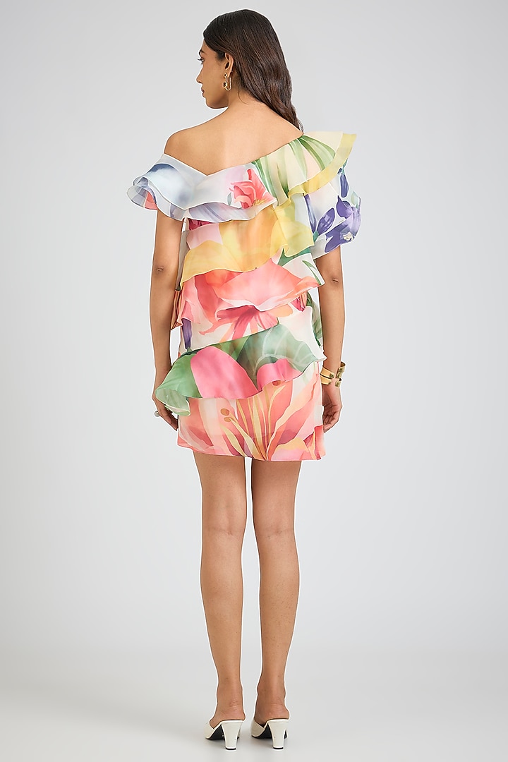 Multi-Colored Organza Floral Printed One-Shoulder Shift Cocktail Dress by Gauri And Nainika at Pernia's Pop Up Shop