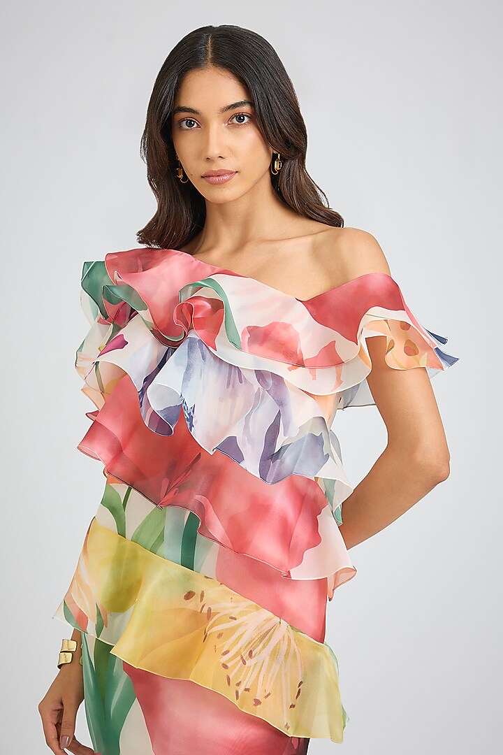 Multi-Colored Organza Floral Printed One-Shoulder Shift Cocktail Dress by Gauri And Nainika at Pernia's Pop Up Shop