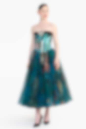 Blue Mikado & Tulle Panel Corseted Midi Party Wear Dress by Gauri and Nainika at Pernia's Pop Up Shop
