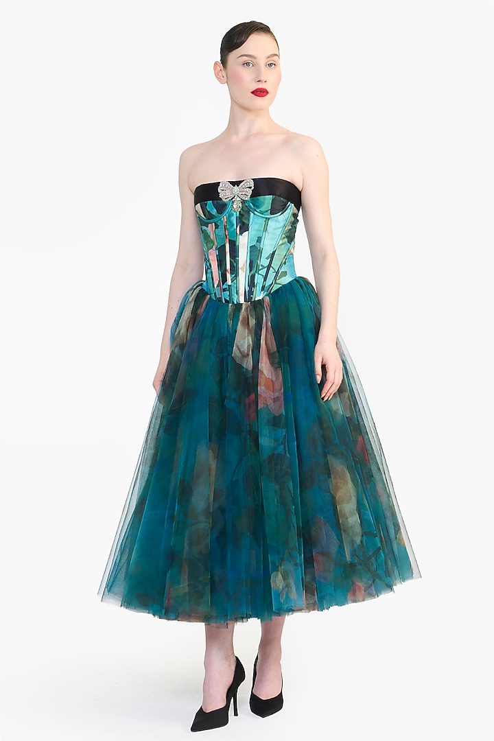 Blue Mikado & Tulle Panel Corseted Midi Party Wear Dress by Gauri and Nainika at Pernia's Pop Up Shop