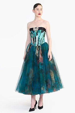 Blue Mikado & Tulle Panel Corseted Midi Dress by Gauri and Nainika