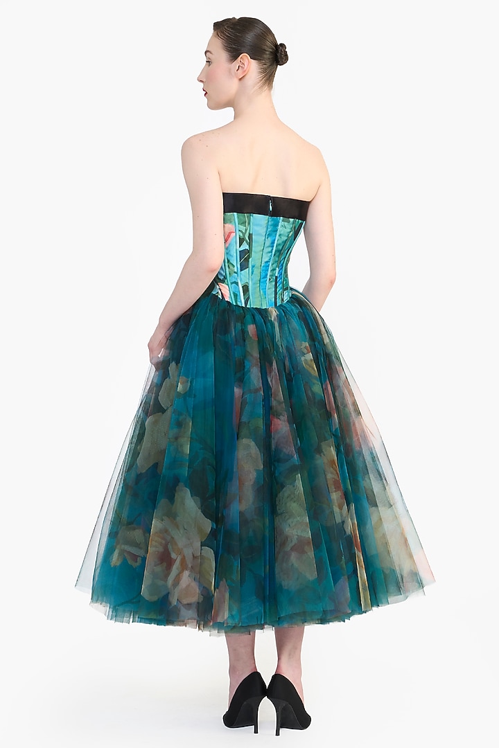 Blue Mikado & Tulle Panel Corseted Midi Party Wear Dress by Gauri and Nainika at Pernia's Pop Up Shop