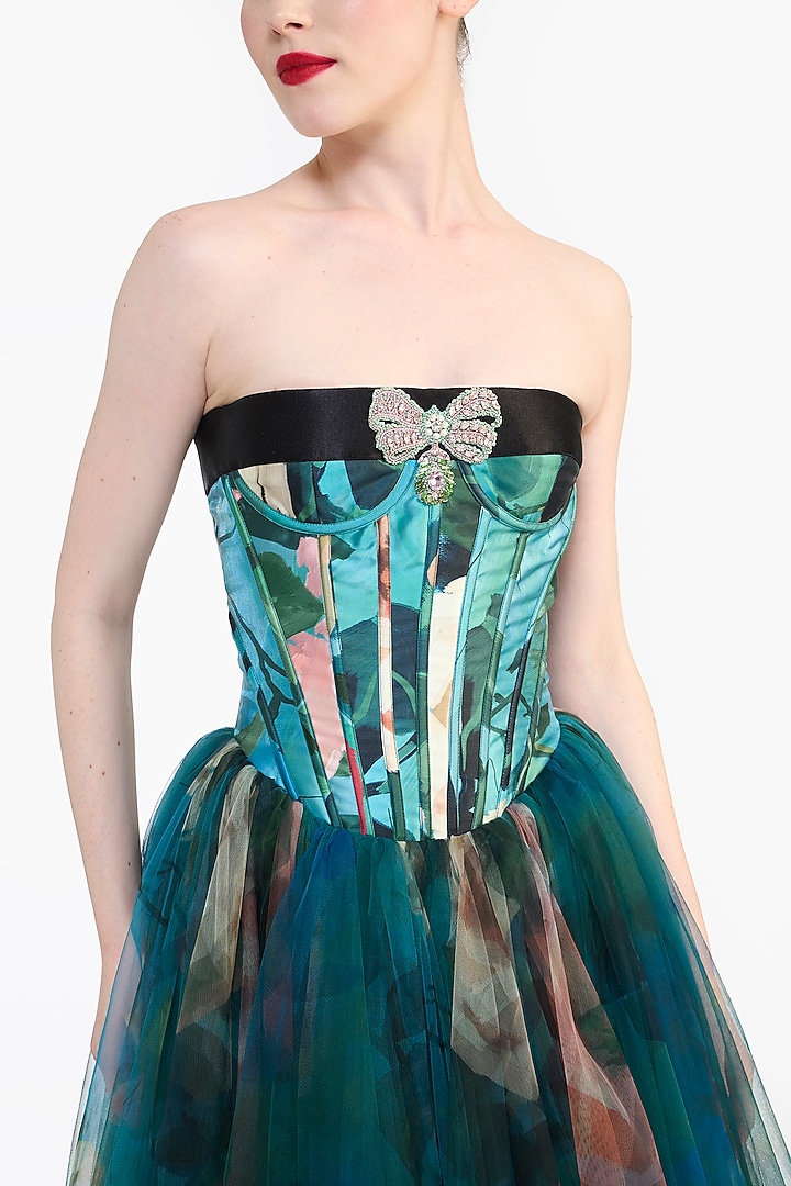 Blue Mikado & Tulle Panel Corseted Midi Party Wear Dress by Gauri and Nainika at Pernia's Pop Up Shop