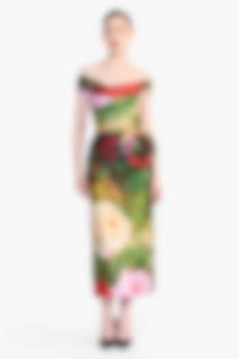 Multi-Colored Mikado Floral Printed Off-Shoulder Midi Party Wear Dress by Gauri And Nainika at Pernia's Pop Up Shop