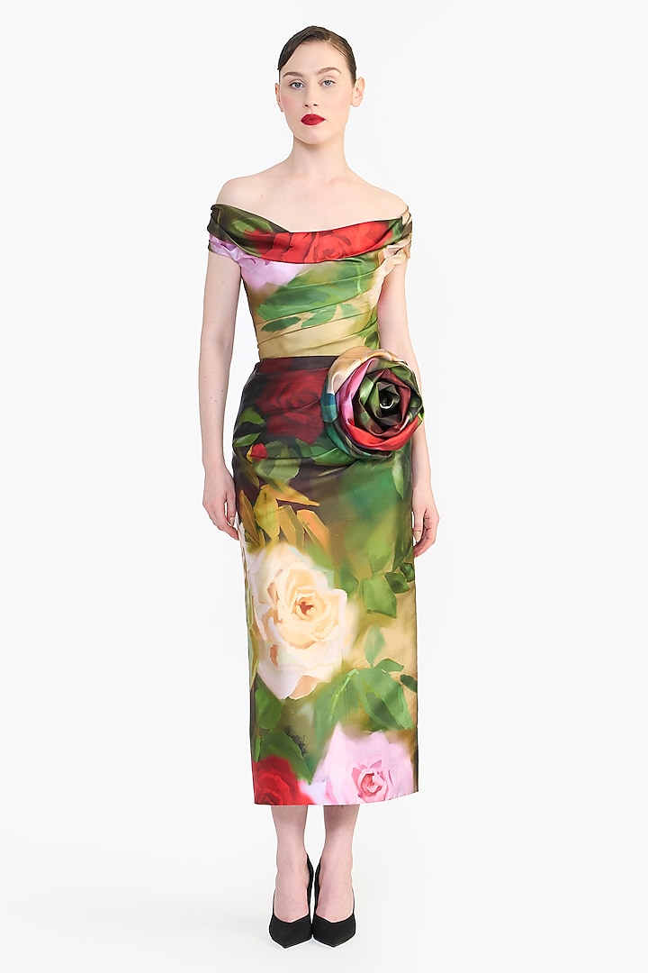 Multi-Colored Mikado Floral Printed Off-Shoulder Midi Party Wear Dress by Gauri And Nainika at Pernia's Pop Up Shop