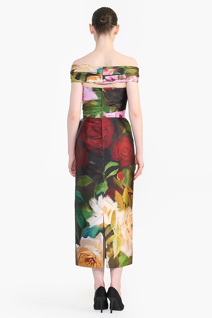 Multi-Colored Mikado Floral Printed Off-Shoulder Midi Party Wear Dress by Gauri And Nainika at Pernia's Pop Up Shop