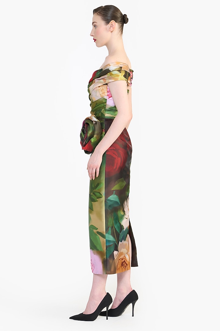 Multi-Colored Mikado Floral Printed Off-Shoulder Midi Party Wear Dress by Gauri And Nainika at Pernia's Pop Up Shop