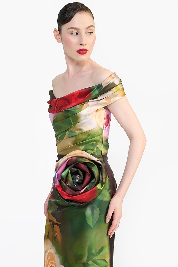 Multi-Colored Mikado Floral Printed Off-Shoulder Midi Party Wear Dress by Gauri And Nainika at Pernia's Pop Up Shop