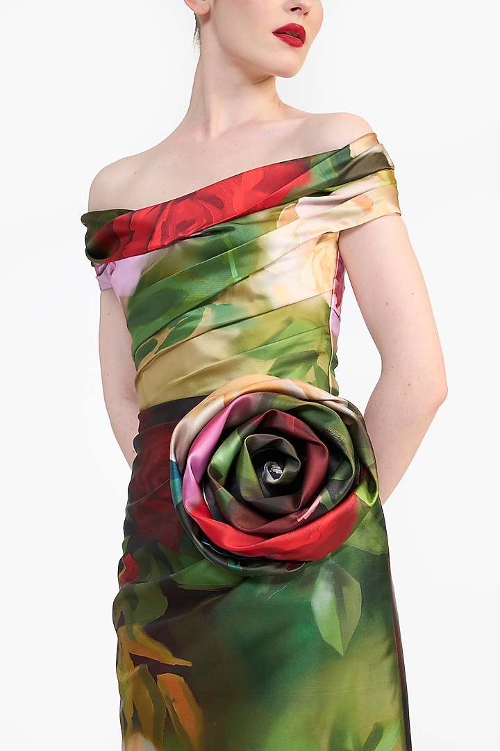 Multi-Colored Mikado Floral Printed Off-Shoulder Midi Party Wear Dress by Gauri And Nainika at Pernia's Pop Up Shop