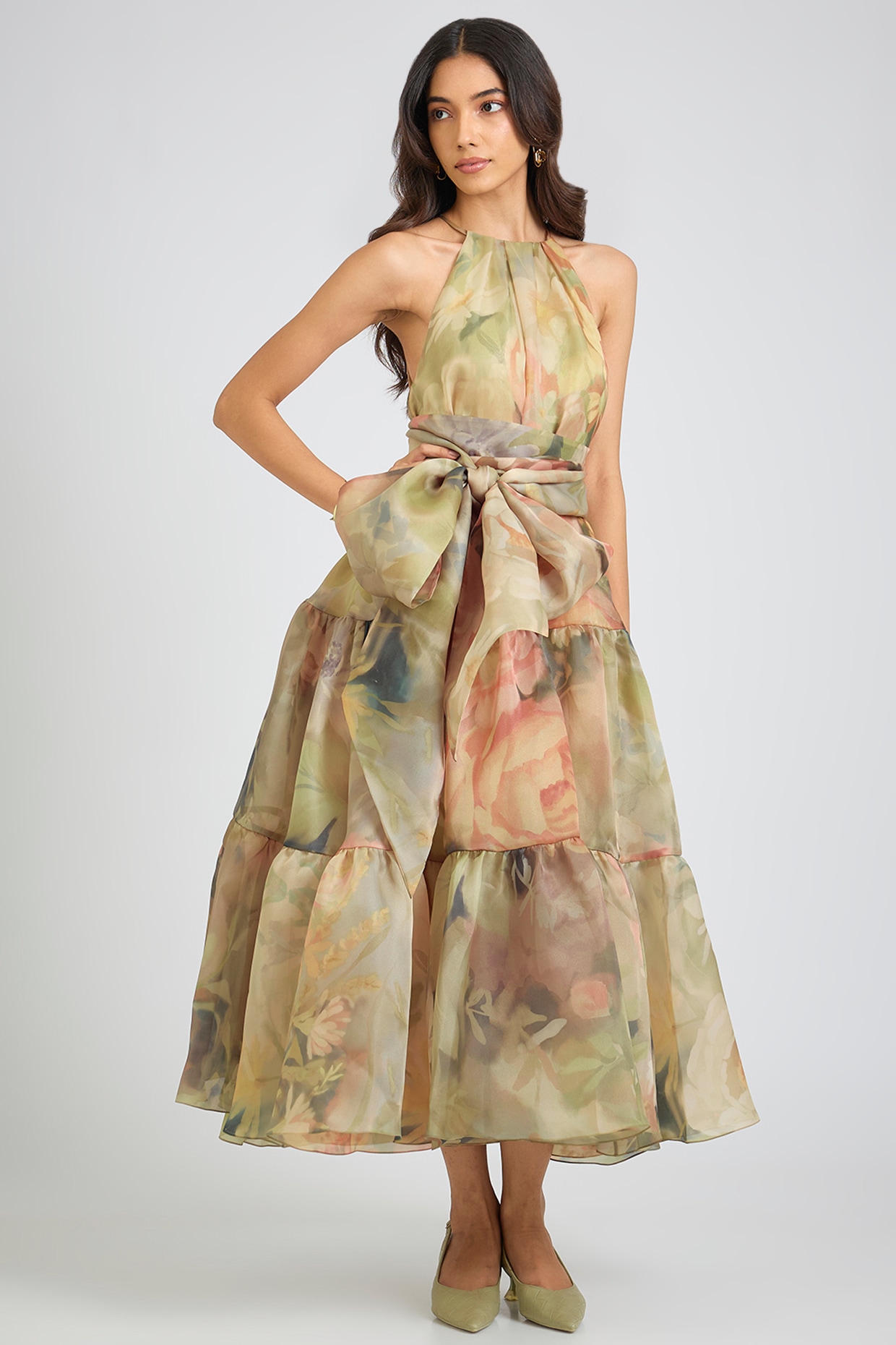 Gauri And Nainika Faded Victorian Organza Printed Halter Midi Dress