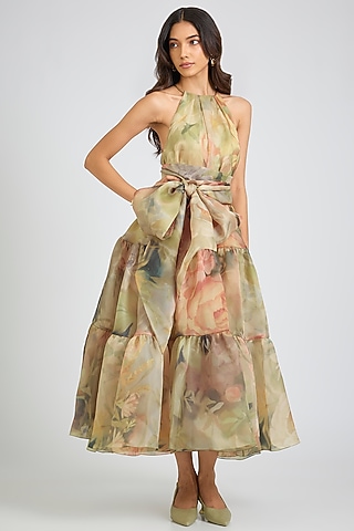 Faded Victorian Organza Printed Halter Midi Dress by Gauri And Nainika