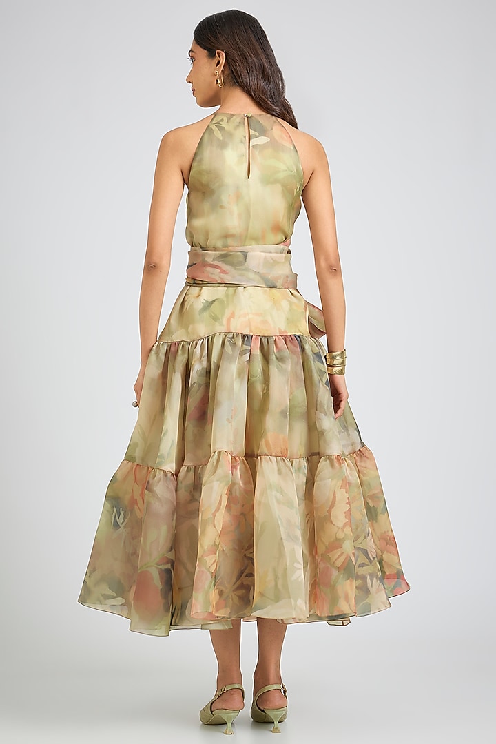 Faded Victorian Organza Printed Halter Midi Party Wear Dress by Gauri And Nainika at Pernia's Pop Up Shop
