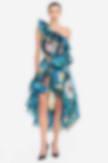 Blue Organza Printed One-Shoulder Frilled High-Low Party Wear Dress by Gauri And Nainika at Pernia's Pop Up Shop
