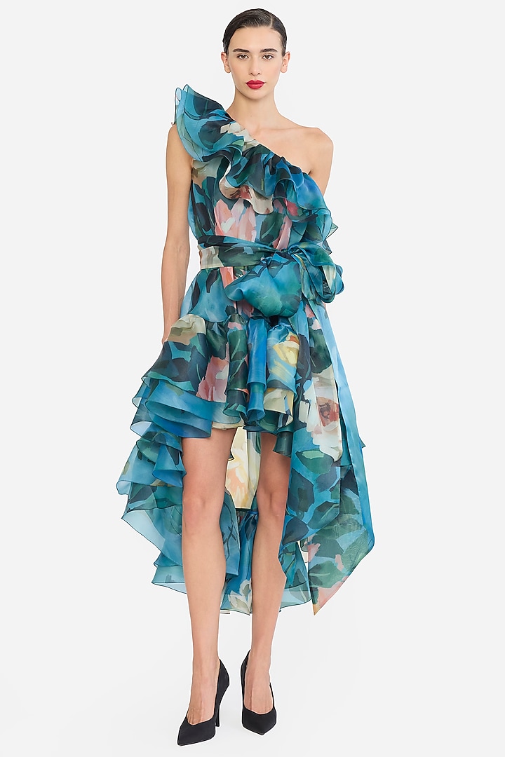 Blue Organza Printed One-Shoulder Frilled High-Low Party Wear Dress by Gauri And Nainika at Pernia's Pop Up Shop