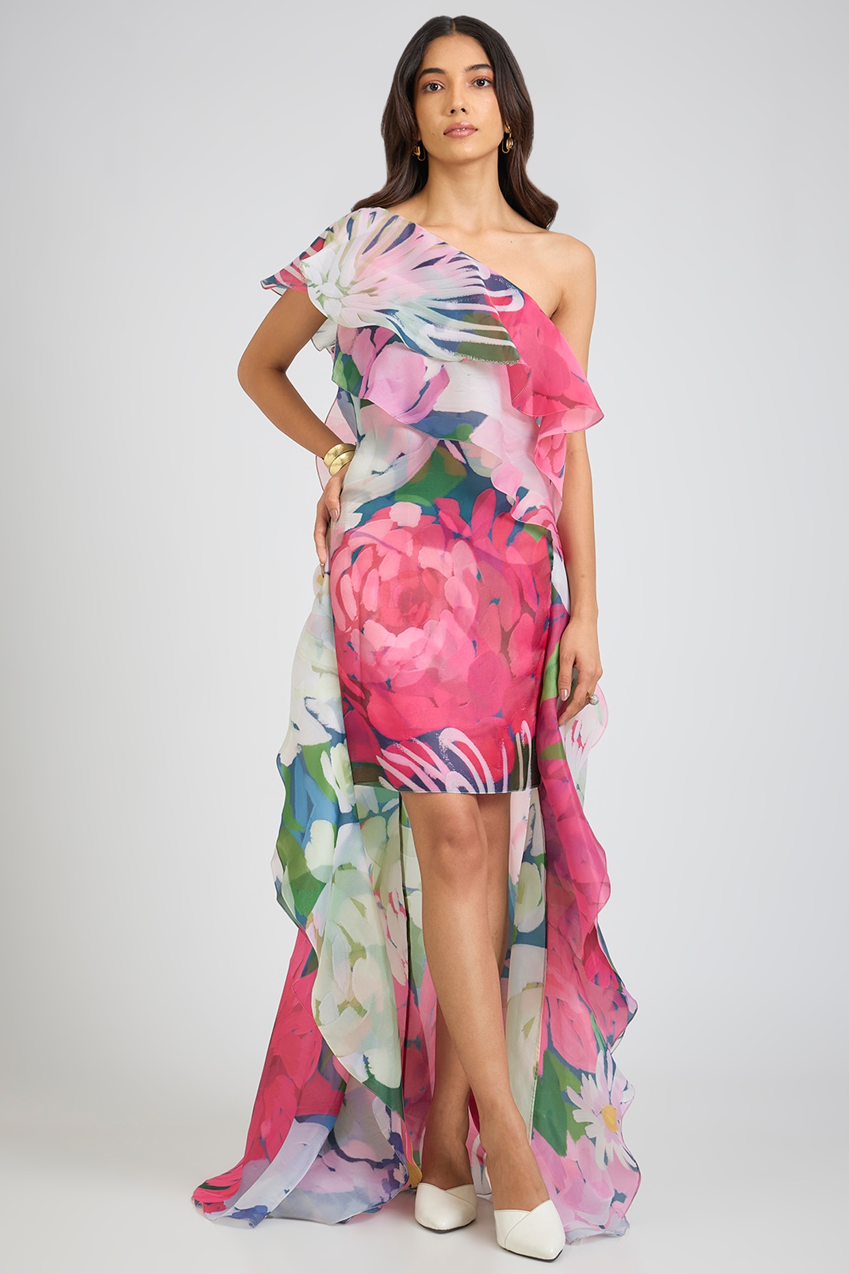 Gauri And Nainika Multi-Colored Organza Floral Printed One-Shoulder Trail Dress