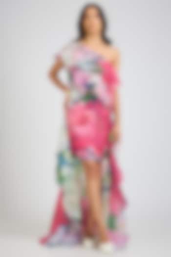 Multi-Colored Organza Floral Printed One-Shoulder Trail Party Wear Dress by Gauri And Nainika at Pernia's Pop Up Shop