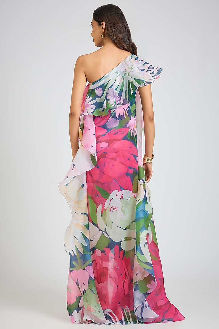 Multi-Colored Organza Floral Printed One-Shoulder Trail Party Wear Dress by Gauri And Nainika at Pernia's Pop Up Shop