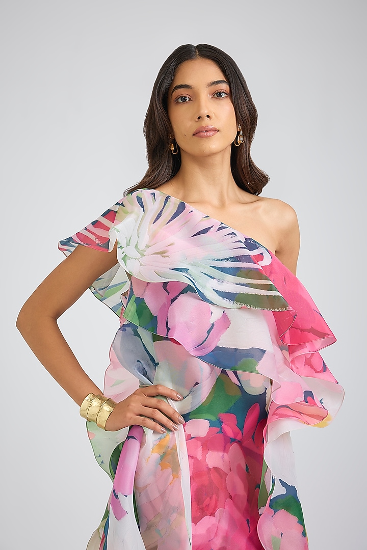 Multi-Colored Organza Floral Printed One-Shoulder Trail Party Wear Dress by Gauri And Nainika at Pernia's Pop Up Shop