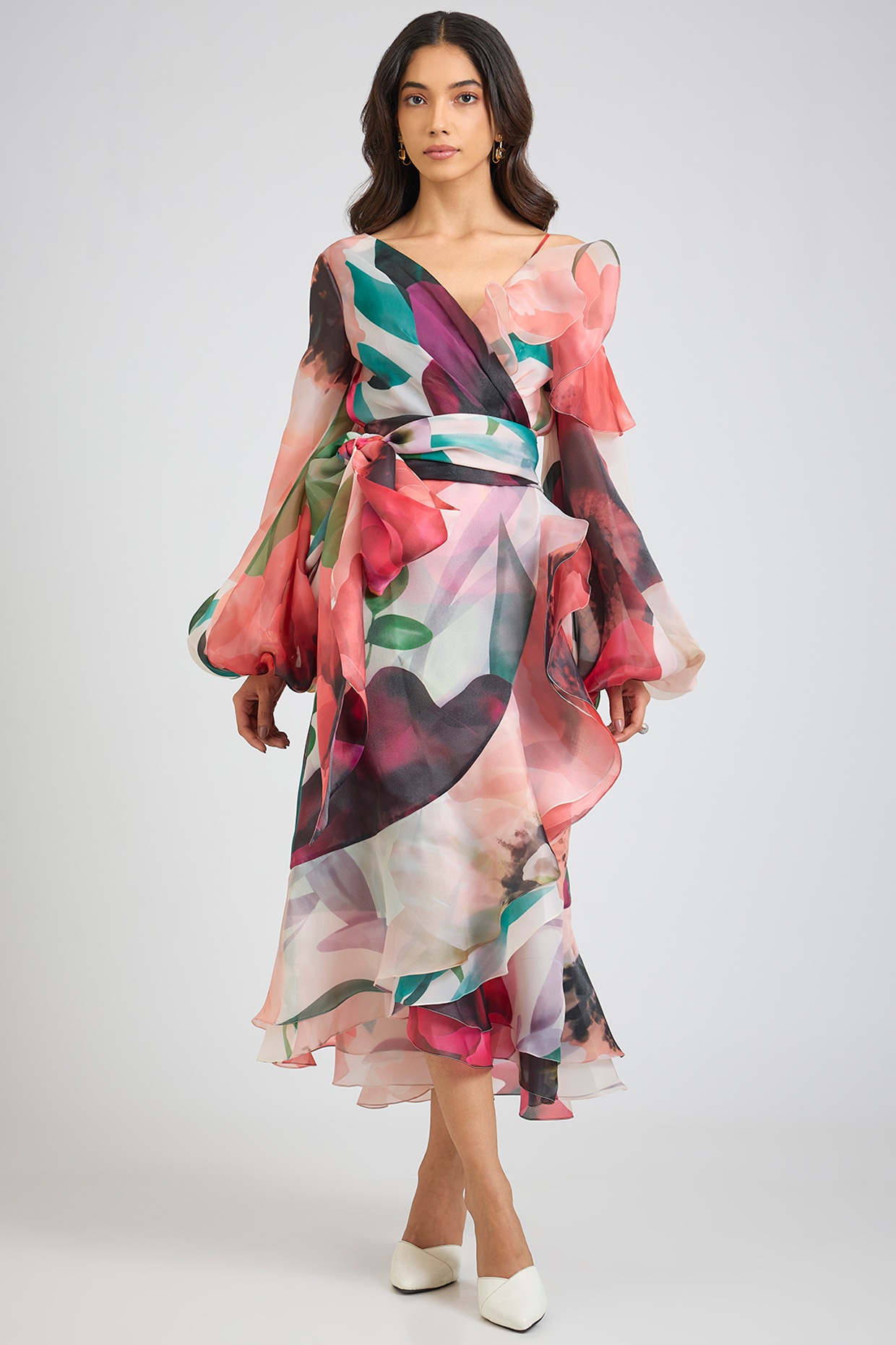 Gauri And Nainika Multi-Colored Organza Floral Printed Wrap Midi Dress
