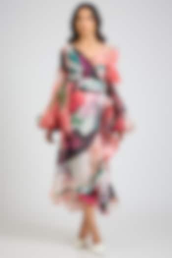 Multi-Colored Organza Floral Printed Wrap Midi Party Wear Dress by Gauri And Nainika at Pernia's Pop Up Shop