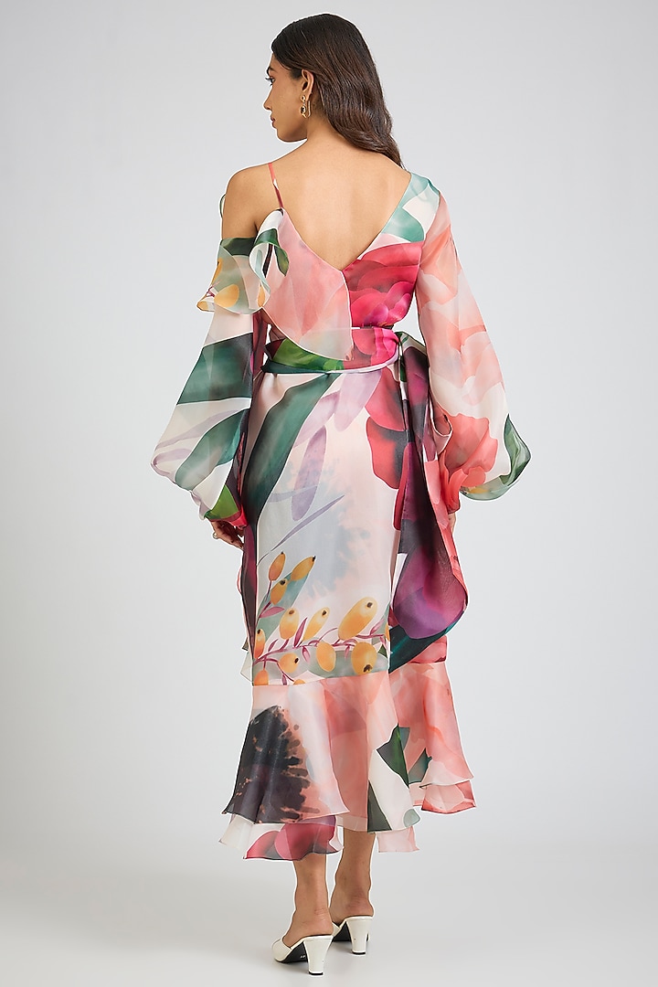Multi-Colored Organza Floral Printed Wrap Midi Party Wear Dress by Gauri And Nainika at Pernia's Pop Up Shop