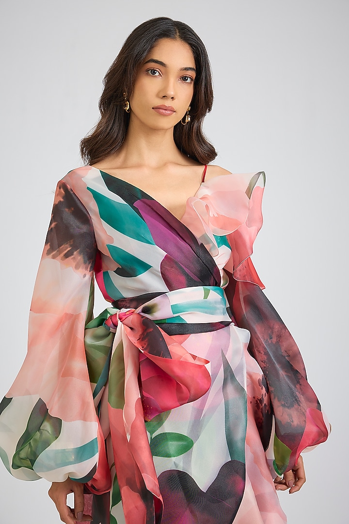 Multi-Colored Organza Floral Printed Wrap Midi Party Wear Dress by Gauri And Nainika at Pernia's Pop Up Shop