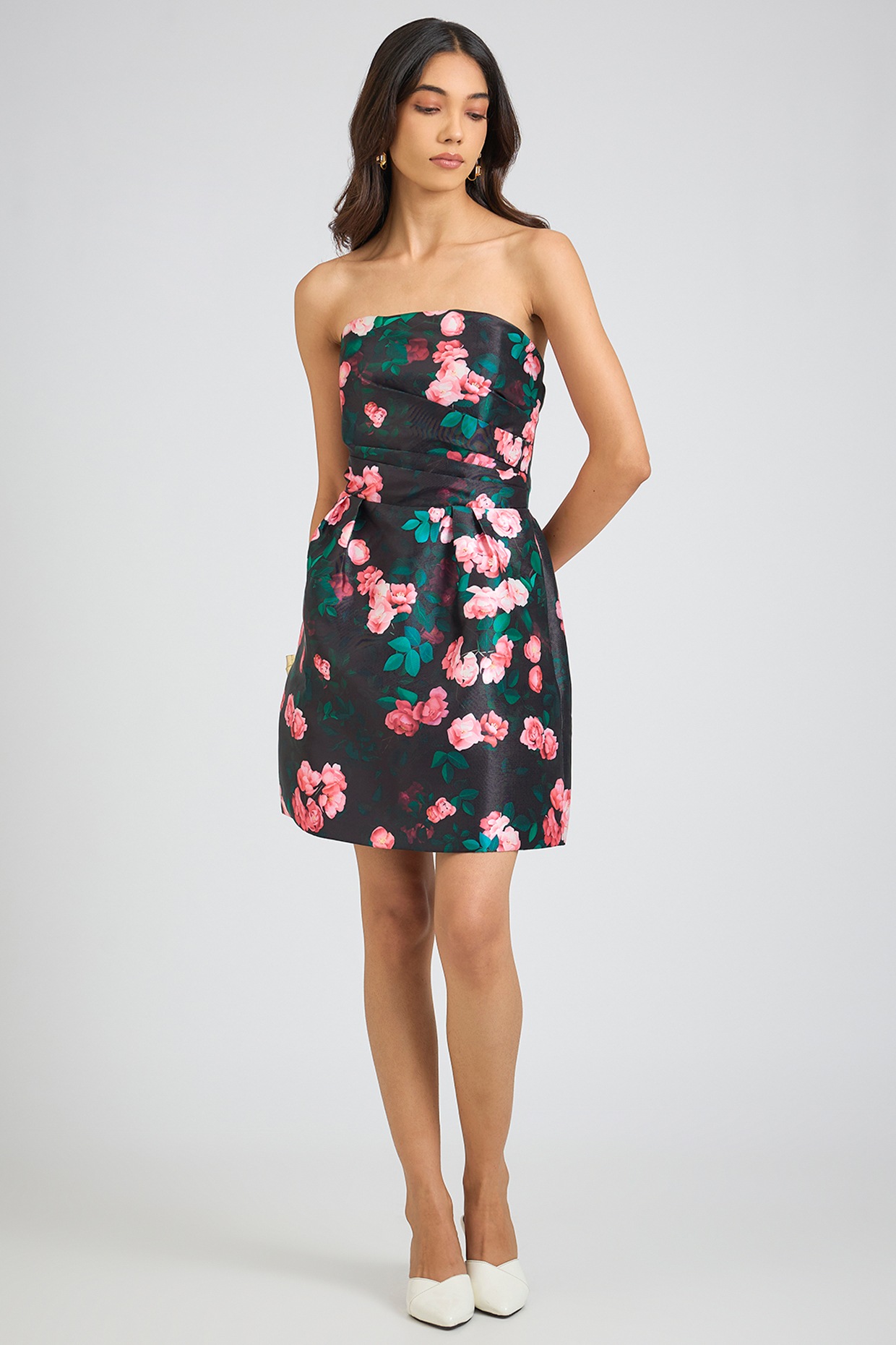 Gauri And Nainika Black Mikado Floral Printed Strapless Mini Dress