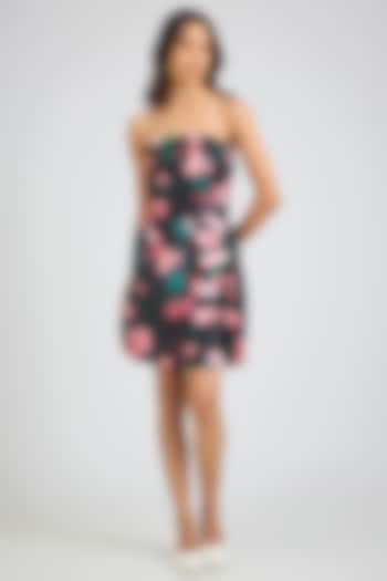 Black Mikado Floral Printed Strapless Mini Party Wear Dress by Gauri And Nainika at Pernia's Pop Up Shop