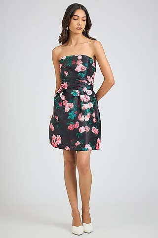 Black Mikado Floral Printed Strapless Mini Dress by Gauri And Nainika
