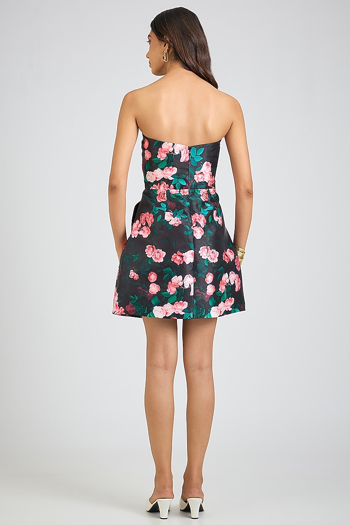 Black Mikado Floral Printed Strapless Mini Party Wear Dress by Gauri And Nainika at Pernia's Pop Up Shop