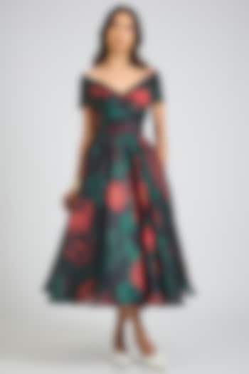 Black Organza Floral Printed Off-Shoulder Midi Party Wear Dress by Gauri And Nainika at Pernia's Pop Up Shop